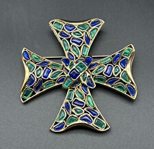 Large Vtg Signed Crown TRIFARI Blue, Green & Gold Maltese Cross Brooch Pin 3" na sprzedaż  Wysyłka do Poland