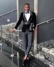 2022 Black Velvet Slim Fit Men's Suit Belted Shawl Lapel Garment Jacket for sale  Shipping to South Africa