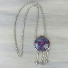 Vintage Silver-tone Metal Chain Necklace with Purple Blue Medallion Bell Fringe for sale  Shipping to South Africa