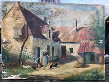 Pintura a óleo antiga francesa primitiva arte popular galinhas ingênuas fazenda década de 1900 comprar usado  Enviando para Brazil