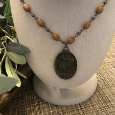 Dark Metal Buck Deer Medallion Pendant Wood Beaded Chain Necklace 19 Inches for sale  Shipping to South Africa