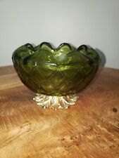 VINTAGE Green Indiana Glass Bowl Duette Quilted Diamond Leaf Pedastal Base for sale  Shipping to South Africa
