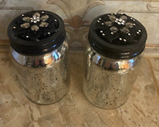 Pair of mercury glass canning jars w rhinestone lids, candle holders for sale  Shipping to South Africa