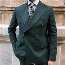 Used, Men's Green Striped Suits Double Breasted Wide Peak Lapel Formal Wedding Tuxedos for sale  Shipping to South Africa