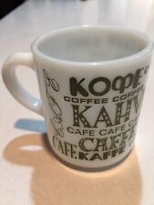 vtg milk glass Mug Cup Coffee International Languages Kaffe Cafe Kahvi Kawa myynnissä  Leverans till Finland