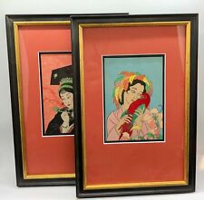 Two Original Paul Jacoulet Wood Block Print Christmas Cards Matted & Framed  for sale  Shipping to South Africa