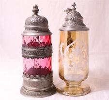 Group of Two Antique German Glass Beer Steins Rose&Iridescent Good Pewter c1880s for sale  Shipping to Canada