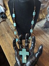 Vintage Turquoise Cross Pendant Necklace 24" Great Shimmer Beads 2.5" Cross for sale  Shipping to South Africa