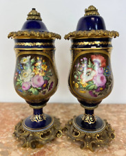 Antique Vases Porcelain Painting Pair Bronze Blue Rose Cobalt Gilt Rare Pot 19th for sale  Shipping to South Africa