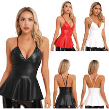 Womens Sexy PU Leather Mini Dress Sleeveless Deep V Neck Club Party Ruff  Blouse for sale  Shipping to South Africa