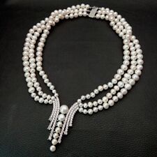 "Collar de perlas blancas cultivadas de 3 hebras colgante pavimentado de circonia circular de 18" segunda mano  Embacar hacia Argentina