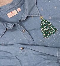 Camisa de mezclilla bordada árbol de Navidad Quacker Factory 3X lentejuelas con cuentas segunda mano  Embacar hacia Argentina