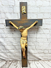 Large Vintage Wall Crucifix Wooden Cross Jesus Christ 29" X 15"  INRI for sale  Shipping to South Africa