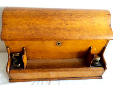 ANTIQUE SOLID OAK DESKTOP ORGANIZER HINGE TWO INKWELLS LOCK & KEY for sale  Shipping to South Africa