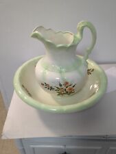 Vintage Large Bath Basin Bowl & Pitcher Pastel Green w/ Hand-Painted Flowers, used for sale  Shipping to South Africa
