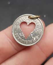 1950 Vintage English Six Pence Coin Cutout Heart Design Pendant. Old Money  for sale  Shipping to South Africa