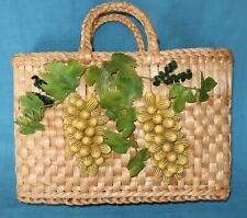 Bolsa tote de palha natural vintage com uvas verão praia verde amarelo forrado, usado comprar usado  Enviando para Brazil
