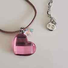 Collar Corazón Faccetado Rosa Swarovski con Mariposa en Delgado Cordón Marrón Firmado segunda mano  Embacar hacia Argentina