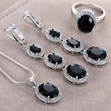 Women Fashion 925 Silver Oval Cut Black Onyx Ring Necklace Wedding Jewelry Set for sale  Shipping to South Africa