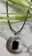 Black Tourmaline Pendant With Moon Gemstone Pendant Necklace Protection Crystal for sale  BOLTON