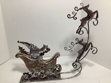 Vertical Santa Sleigh Flying Reindeer In Metal/Silver Shimmer & Wood Decor, used for sale  Shipping to South Africa