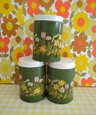 3 Vintage Mid Century Green Yellow Flower Storage Canisters Pots Set 60s 70s for sale  Shipping to South Africa