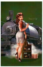 Locomotora de vapor pinup niña viaje en ferrocarril, tren, maleta, etc. - postal moderna, usado segunda mano  Embacar hacia Mexico