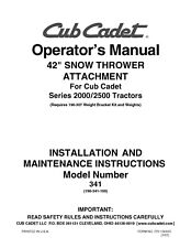 Operators Manual Cub Cadet 42" Snow Thrower Attachment Model No. 190-341-100 for sale  New York