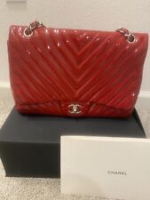 Bolso Jumbo Clásico Chanel Patente Roja Chevron Solapa Plateado Hardware, usado segunda mano  Embacar hacia Argentina
