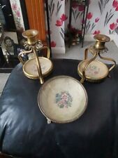  Pair Petit Point  Dressing Table /Vanity Set Candlesticks & Pin Tray  for sale  Shipping to South Africa