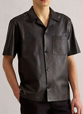 Camisa masculina de couro genuína pele de cordeiro botão motocicleta fina camisa preta -MS06 comprar usado  Enviando para Brazil