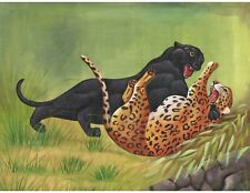 Animal Pintura Miniatura De Negro Panther & Guepardo Fighting Arte 45.7x36.8cm comprar usado  Enviando para Brazil