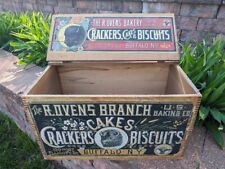Antique R Ovens Bakery Biscuit advertising Wooden Crate Box w/ Bison Buffalo NY, used for sale  Shipping to South Africa