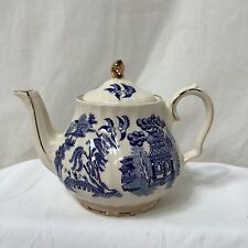 Vintage Sadler Small Teapot Blue White 2 Cup Gold Edging VGC, used for sale  ASHTON-UNDER-LYNE
