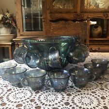 Used, VINTAGE INDIANA GLASS IRIDESCENT BLUE HARVEST CARNIVAL GLASS PUNCH BOWL SET for sale  Shipping to South Africa