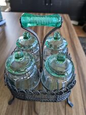 Green Mason Jars In Basket Carrier Green Glass Sweet Condiments Glass Jars Lid for sale  Shipping to South Africa