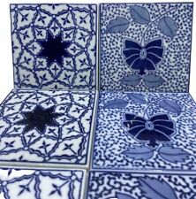 6 Porcelain Tile Coasters Cobalt Blue White Moroccan Boho Floral Glazed  Square for sale  Shipping to South Africa
