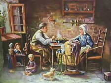 Vintage 1930'sPrint Dutch Scene showing Family Eating w/chicken in House Art Pub for sale  Shipping to United Kingdom
