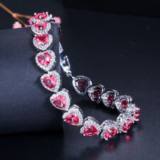 Wedding Heart 10MM Rose Red Garnet Gemstone Silver Womne Charm Bracelet 7.5 Inch for sale  Shipping to Canada