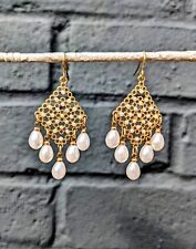 Gold Plated Seed Pearl Set French Hook Diamond Lattice Drop Dangle Earrings, used for sale  STRATFORD-UPON-AVON