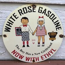 VINTAGE 1929 DATED WHITE ROSE GASOLINE PORCELAIN GAS PUMP OIL SIGN WITH ETHYL for sale  Shipping to Canada