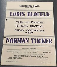 Used, 1936 Loris Blofeld Violin Norman Tucker Piano Recital Flyer Grotrian Hall London for sale  Shipping to South Africa