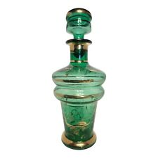 Used, Vintage MCM Green Glass Decanter 20oz Gold Trim Floral 9.5" Retro  Barware  for sale  Shipping to South Africa