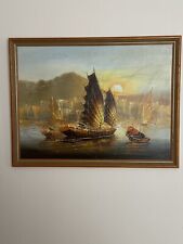 Impressionist Oil Painting Junk Boats Hong Kong Harbour Sunset After Jove Wang for sale  Shipping to South Africa