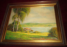 FISHING CABIN Pond boat American landscape oil painting signed FOLK ART, used for sale  Shipping to South Africa