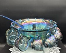 Vintage Indiana Glass Iridescent Blue 7446 Punch Bowl Set Grapes Carnival Glass, used for sale  Shipping to South Africa