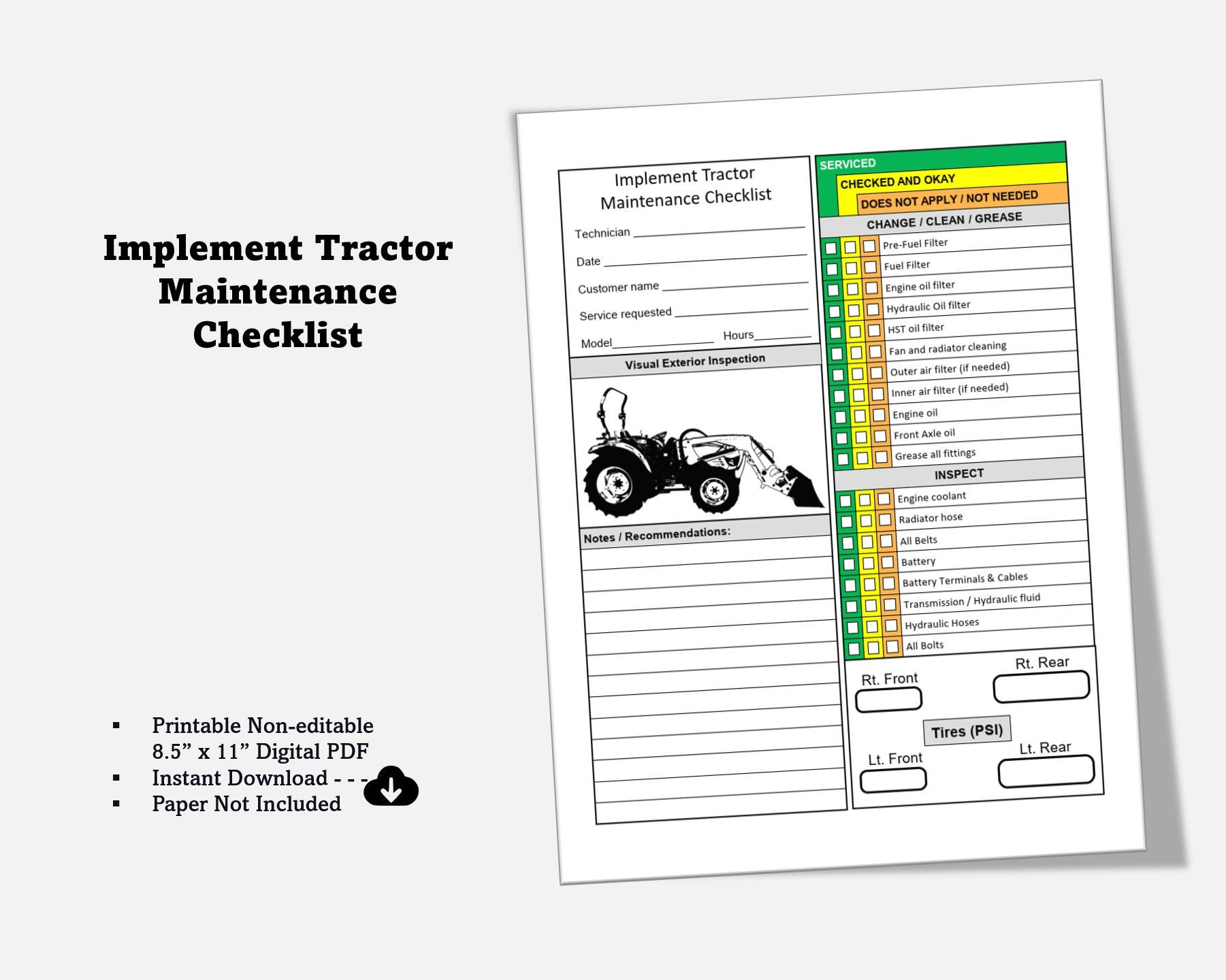 Printable tractor checklist for sale  