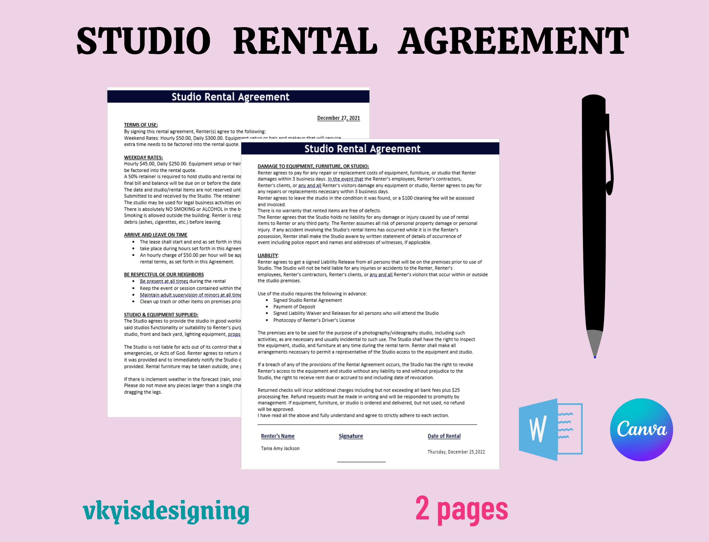 Studio rental agreement for sale  