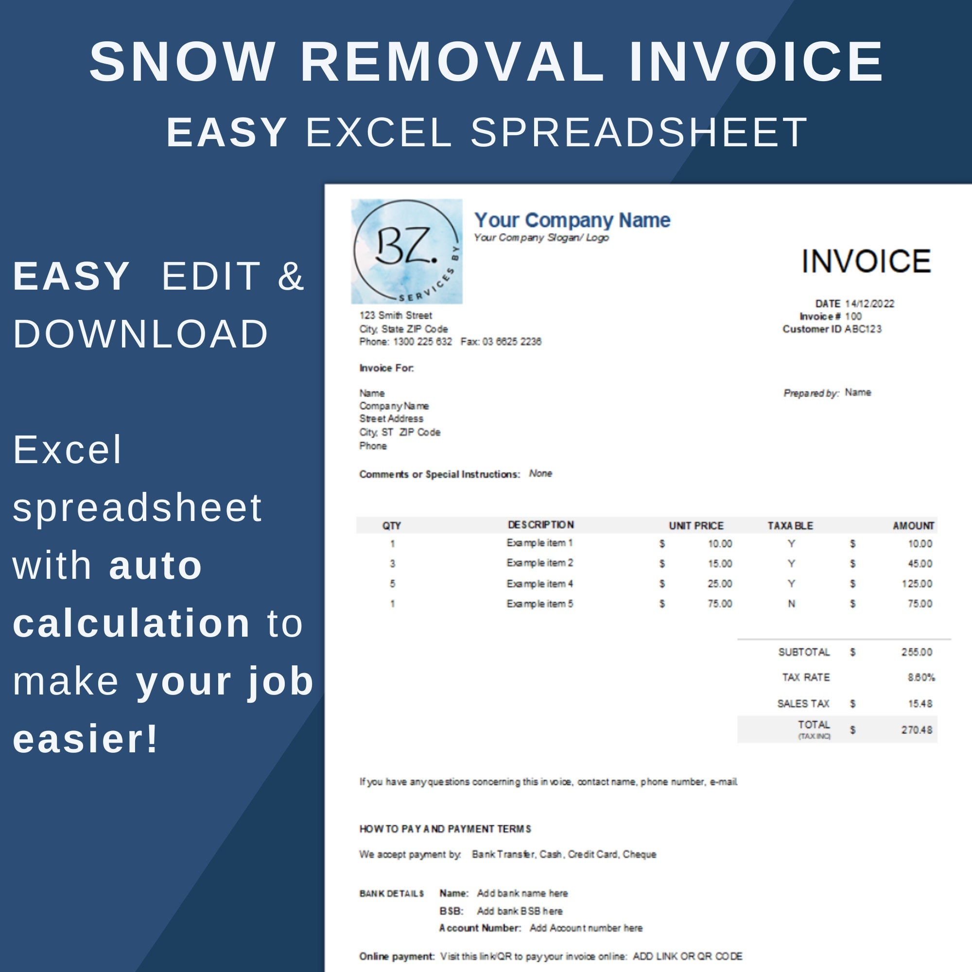 Snow removal invoice for sale  