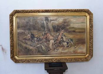 Używany, J. Fałat - Atak Psów na Jelenia - Łoś Jeleń - Natura - Stary Obraz Olejny na sprzedaż  Kraków